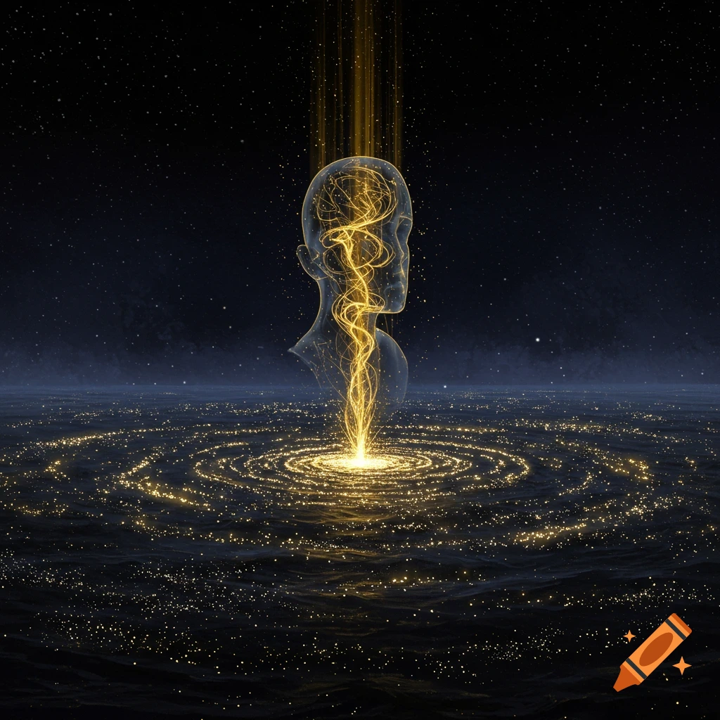 An abstract, ethereal image of a transparent human head silhouette made of golden light filaments rising from a dark, sparkling ocean under a starry night sky.