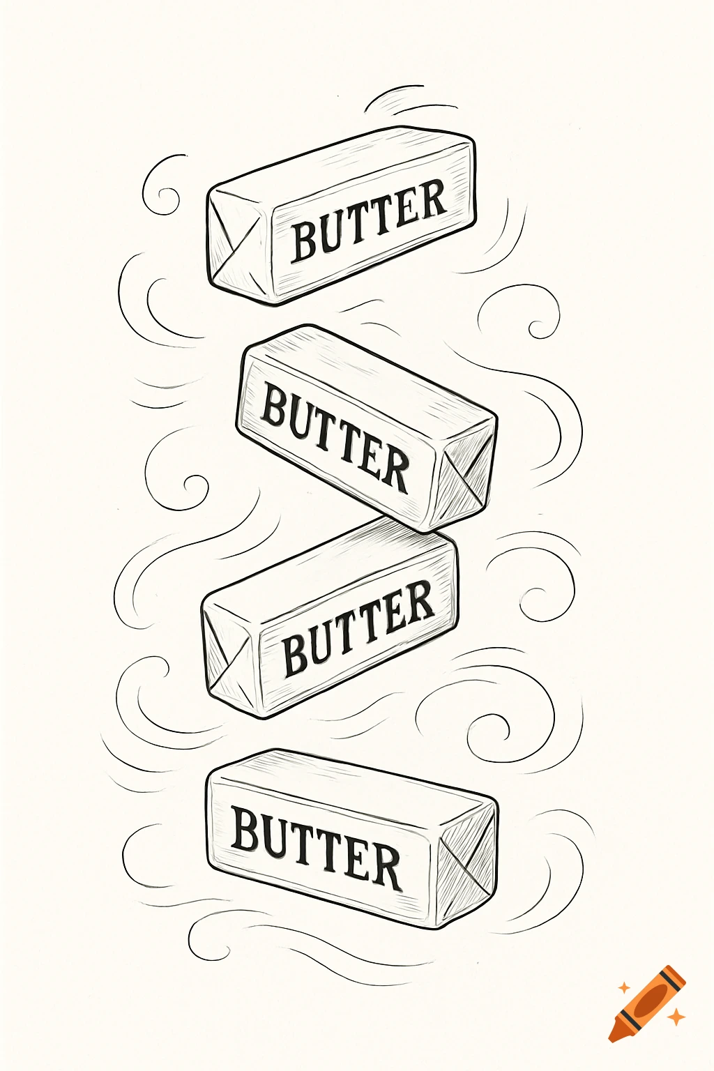 Black and white line drawing of four butter sticks, each labeled 'BUTTER', stacked vertically with decorative swirls.