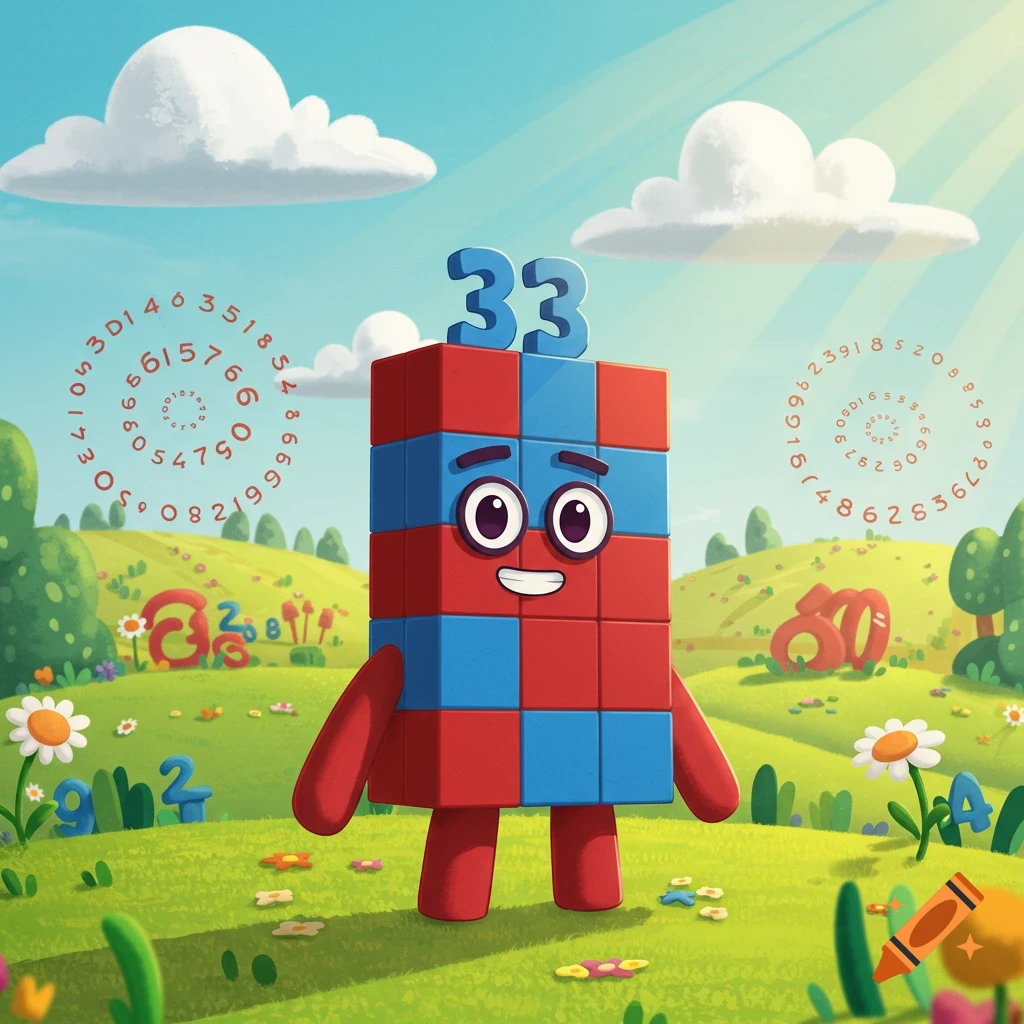 A cartoon character made of red and blue blocks with the number 33 on its head stands in a green field with hills, clouds, and scattered numbers in a bright, sunny animation style.