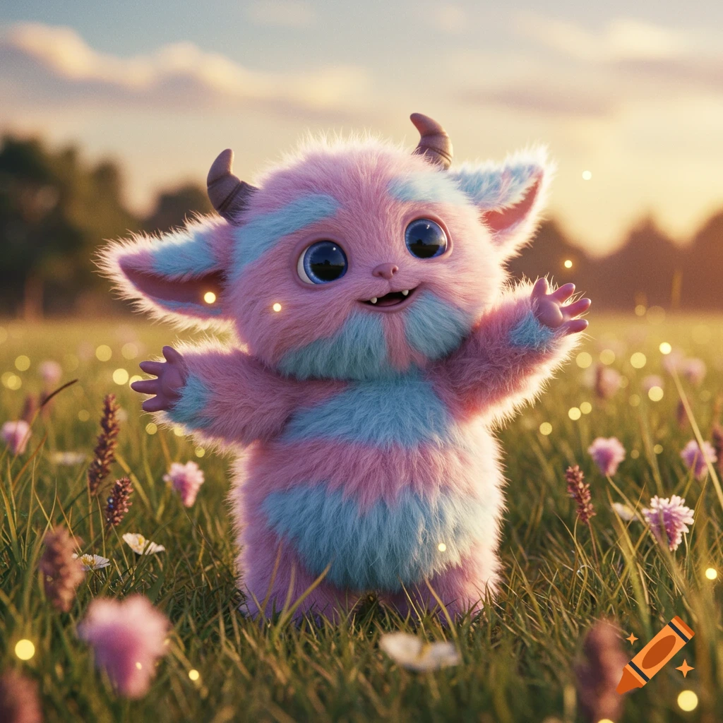 A fluffy, pink and blue monster with big eyes and horns stands in a sunny, grassy field with wildflowers and glowing lights.