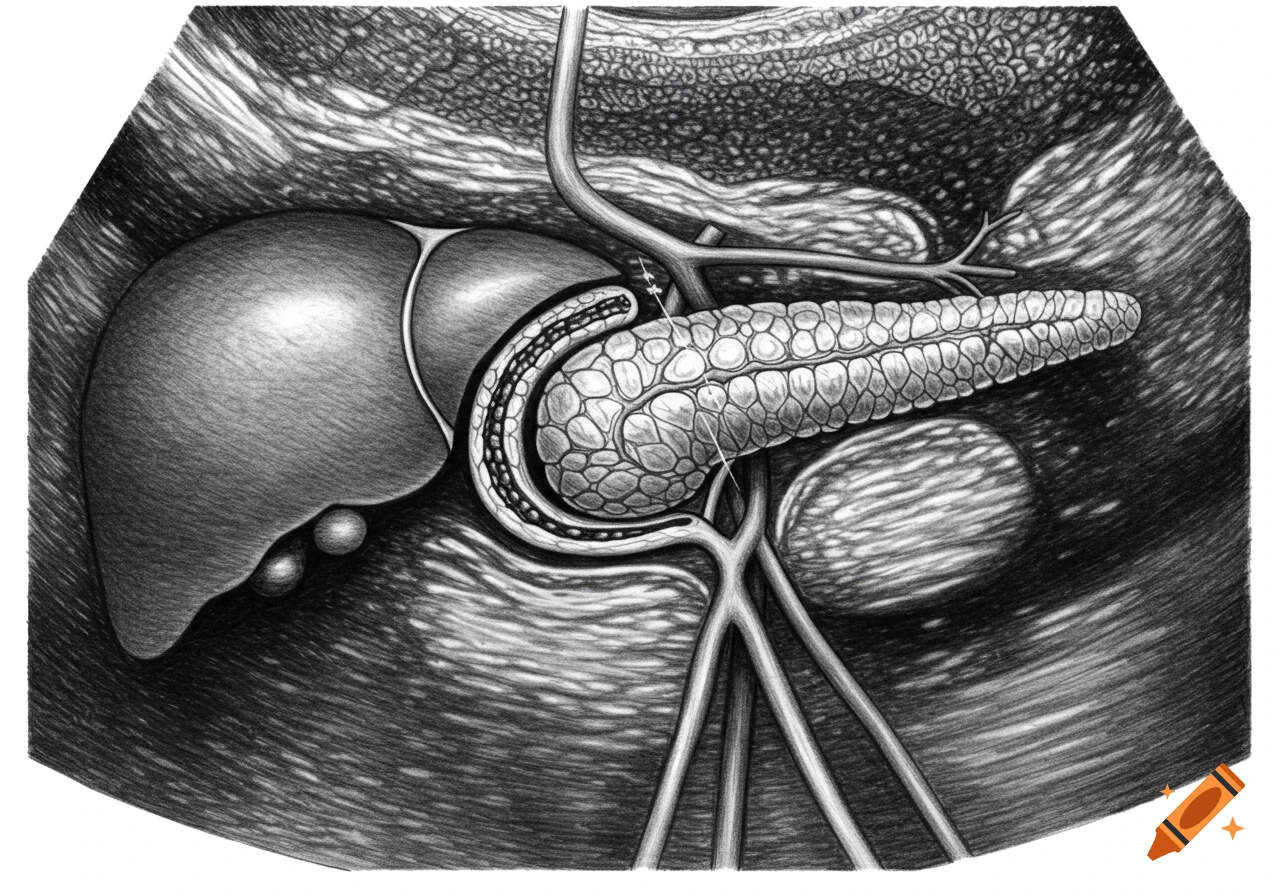 Black and white hand-drawn medical illustration of a pancreas, liver, and associated vasculature, resembling an ultrasound.