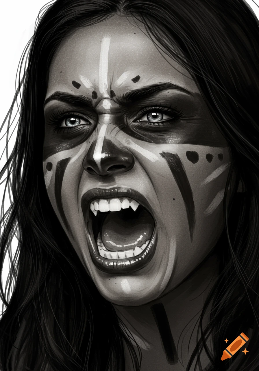 Close-up portrait sketch of a screaming woman with sharp teeth, light eyes, and war paint.
