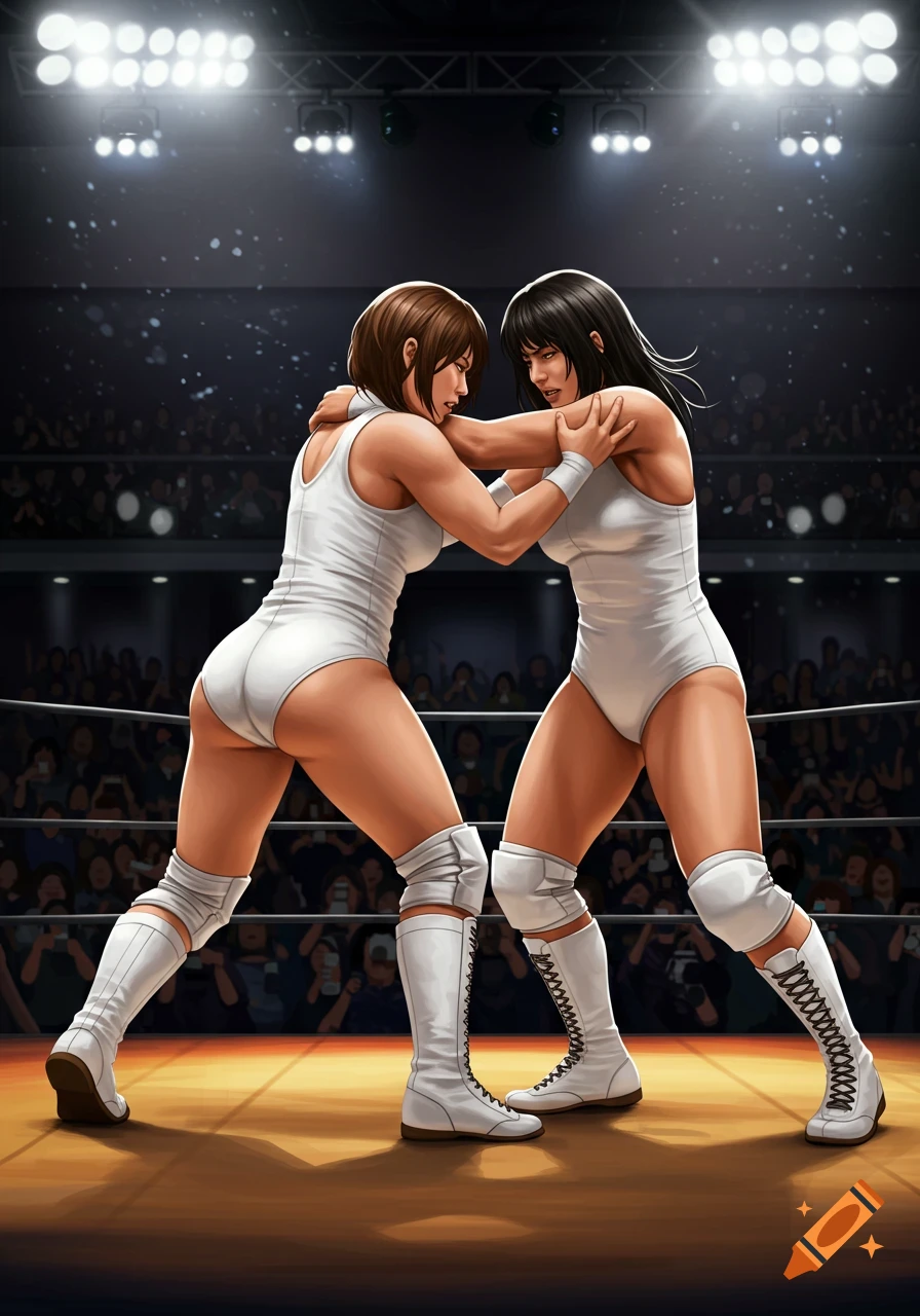 Two female wrestlers in white leotards grapple in a brightly lit ring before a blurred crowd, in an anime art style.