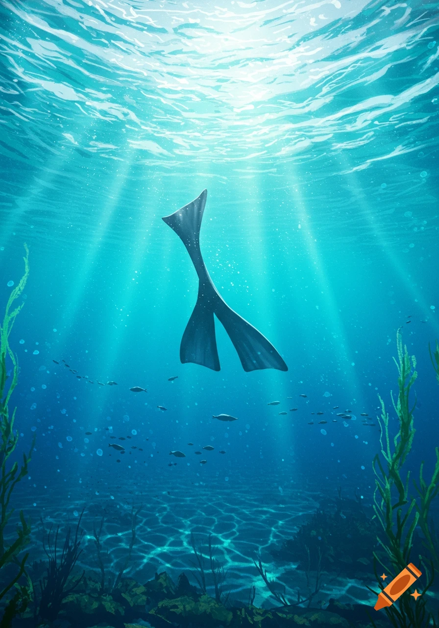 A large dark fin or mermaid tail swims in a bright blue underwater scene with light rays, schools of fish, and marine plants.