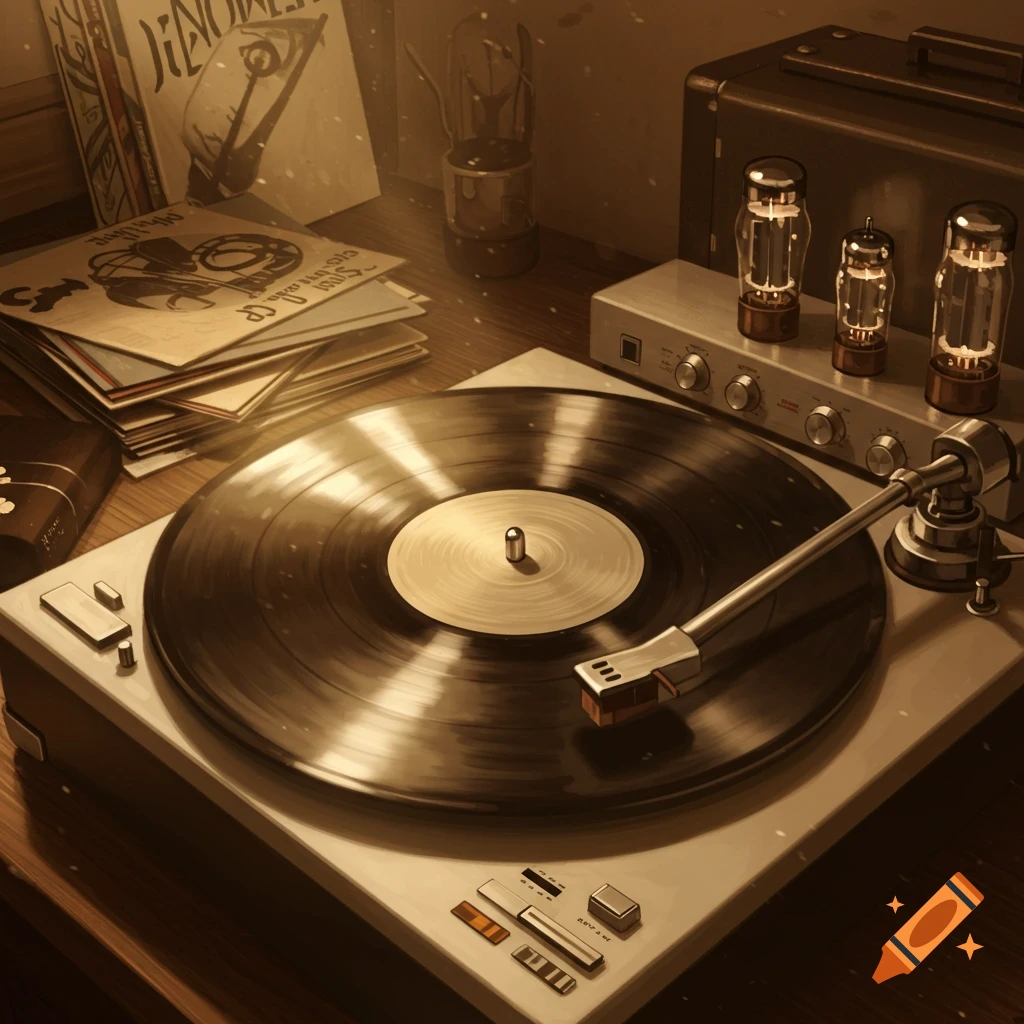 A close-up view of a vintage turntable with a vinyl record playing, surrounded by stacked record sleeves and a tube amplifier, bathed in warm sepia light.