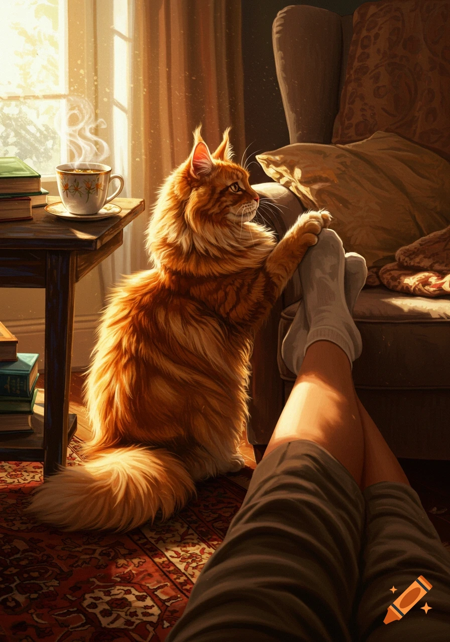 An orange Maine Coon cat paws at a human's sock-clad legs, bathed in warm sunlight in a cozy room with a steaming cup.