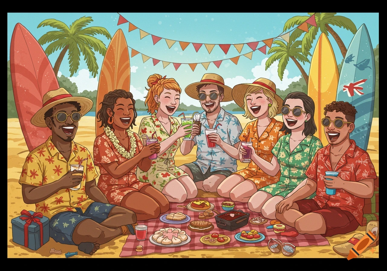 Cartoon illustration of six diverse friends having a joyful summer beach picnic with surfboards, palm trees, food, and drinks.