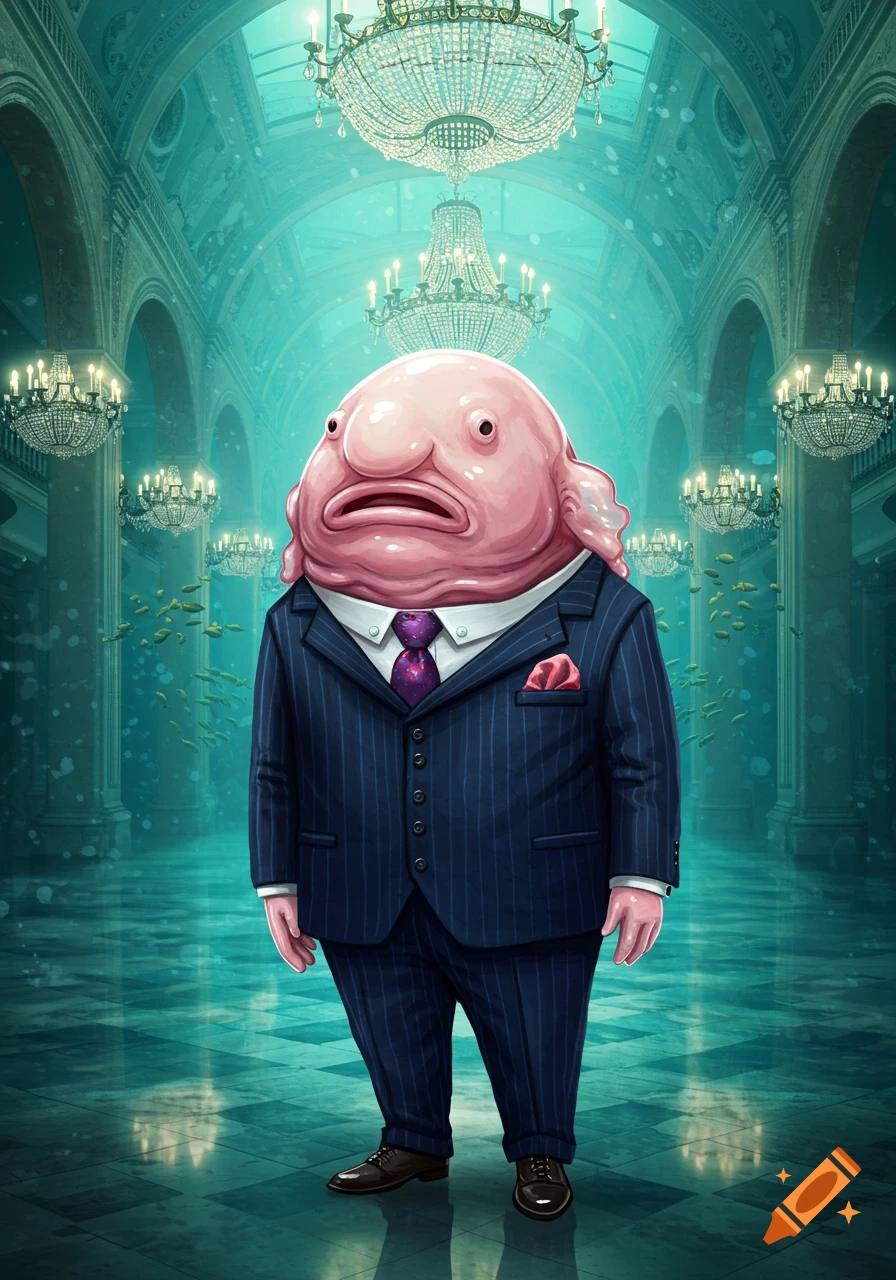A blob fish wearing a pinstripe suit, white shirt, and purple tie stands in an elegant underwater mansion with chandeliers and small fish.