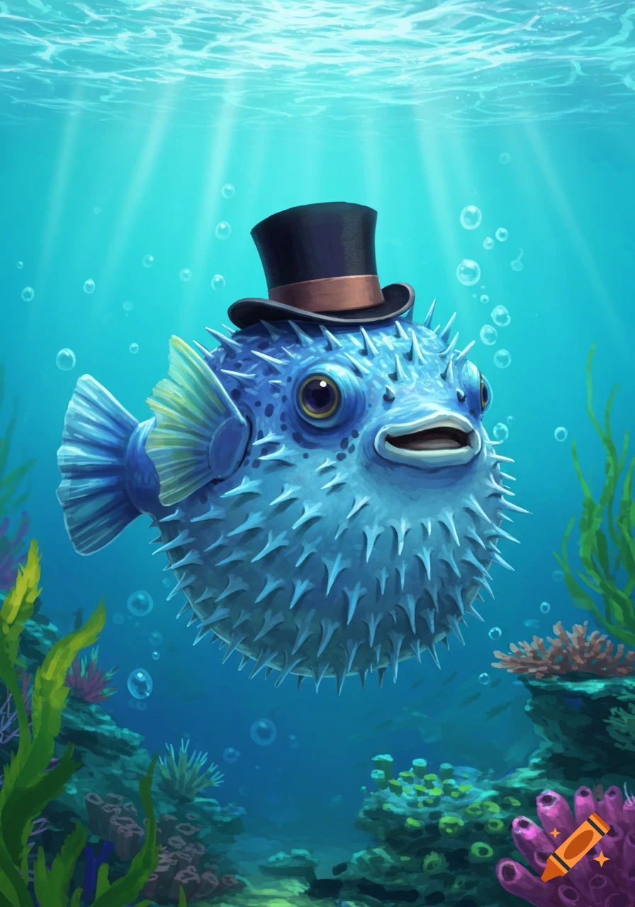 A blue puffer fish with a black top hat swims in a vibrant coral reef, with sunrays filtering through the water.
