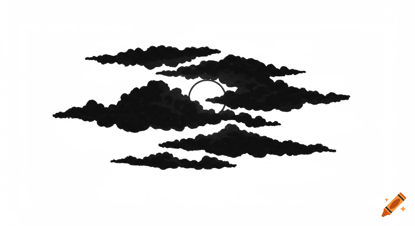 Black stylized clouds surrounding a white moon on a white background.