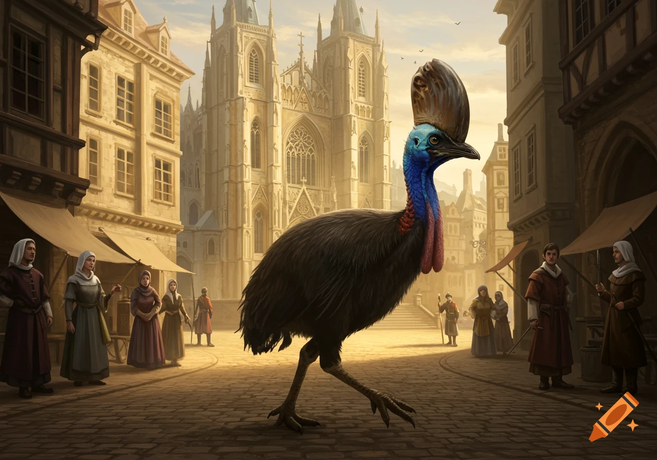 A large cassowary walks on a cobbled street in a medieval city with people and a grand gothic church in the background.