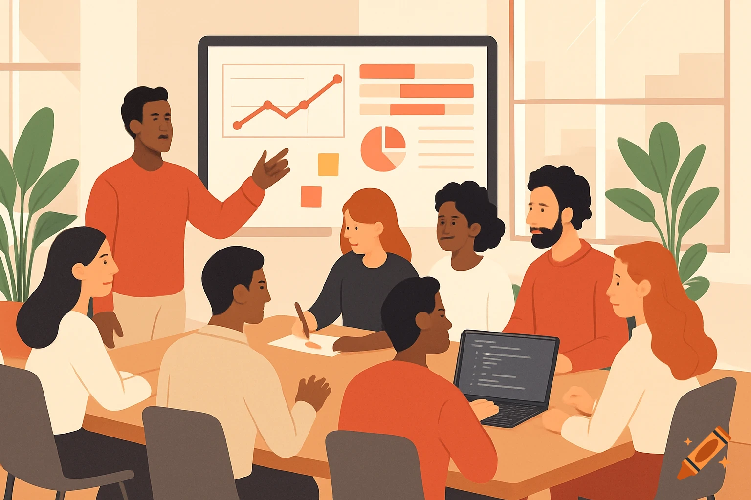 Modern flat-vector illustration of a diverse team collaborating around a table in an office with a screen showing charts.
