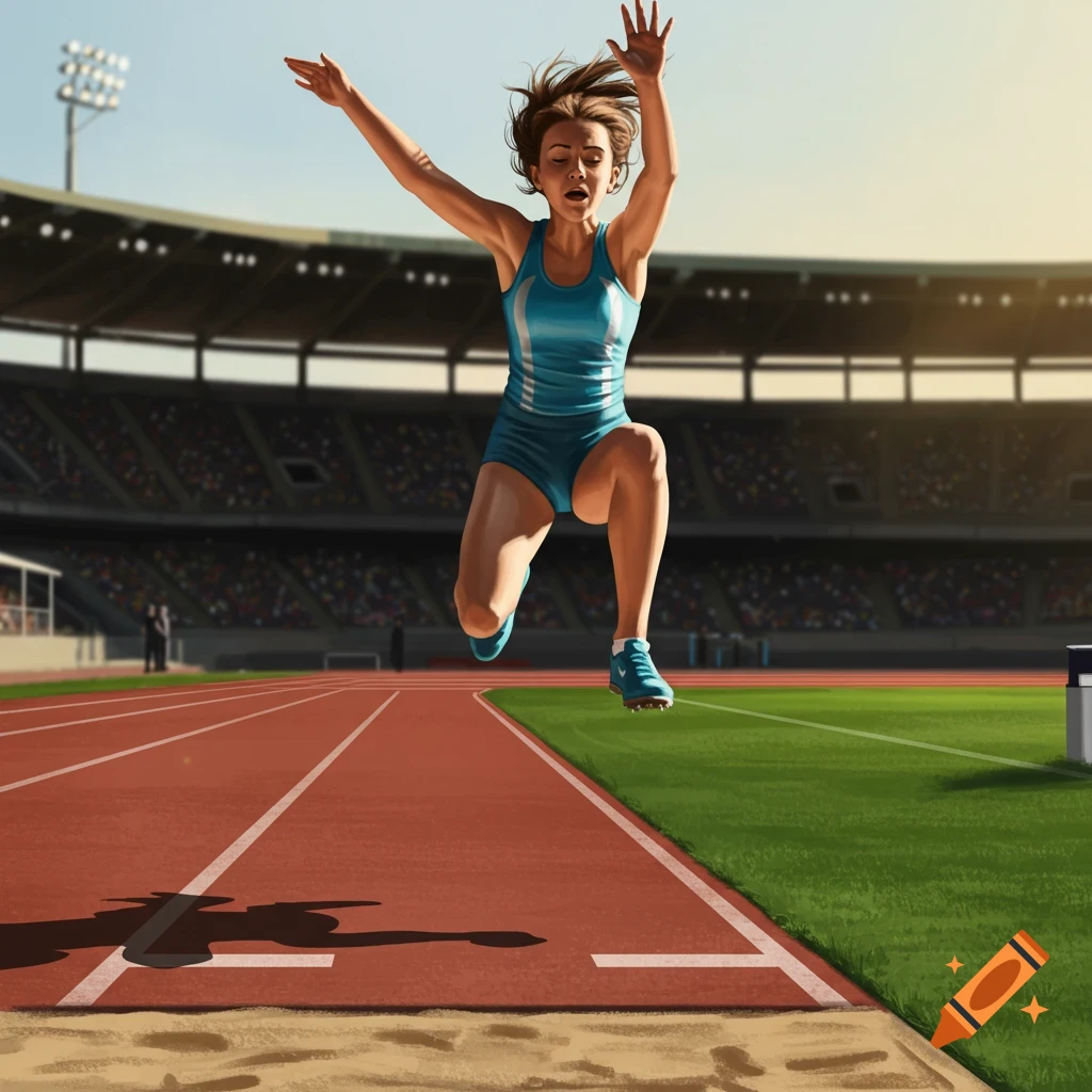 A female athlete in a blue uniform jumps in mid-air during a long jump competition in a stadium.