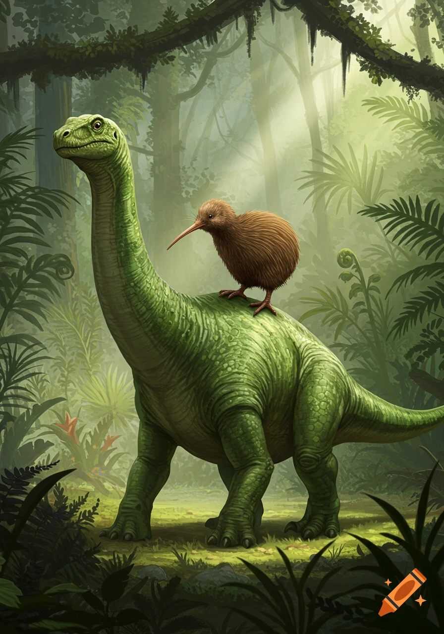 A small brown kiwi bird rides on the back of a large green long-necked dinosaur through a vibrant jungle.