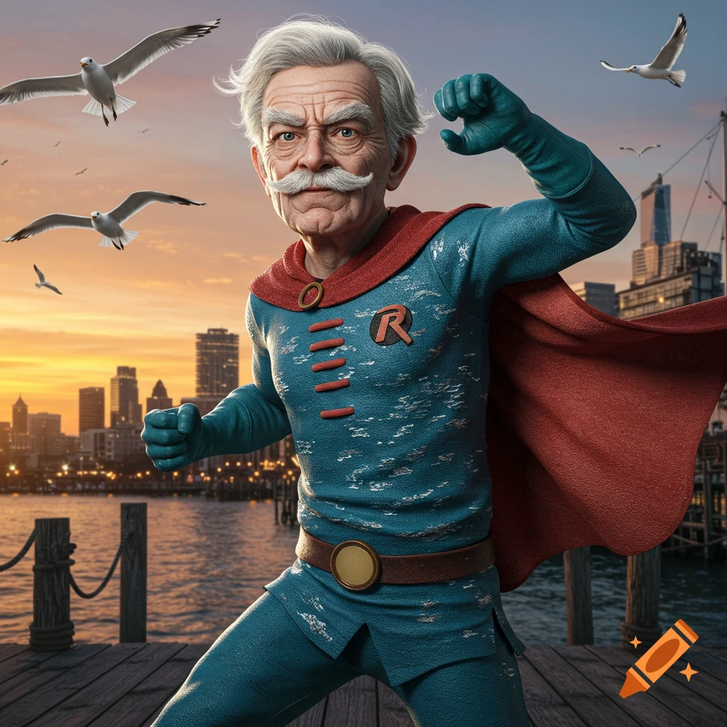 An old man with a mustache, dressed in a blue and red superhero costume with an 'R' emblem, poses on a pier at sunset with a city skyline and seagulls.