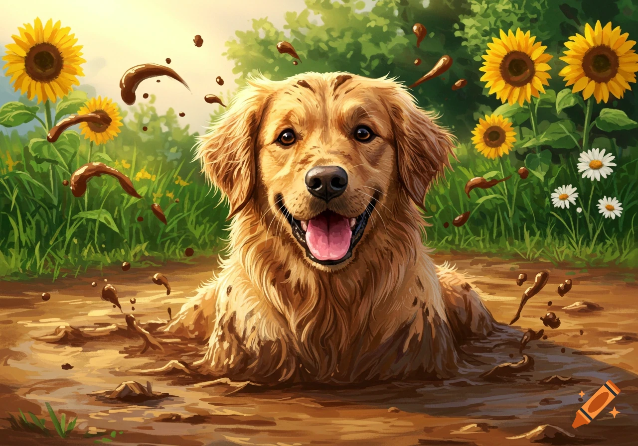 A happy golden retriever dog covered in mud, splashing in a puddle, with sunflowers in a vibrant illustration.
