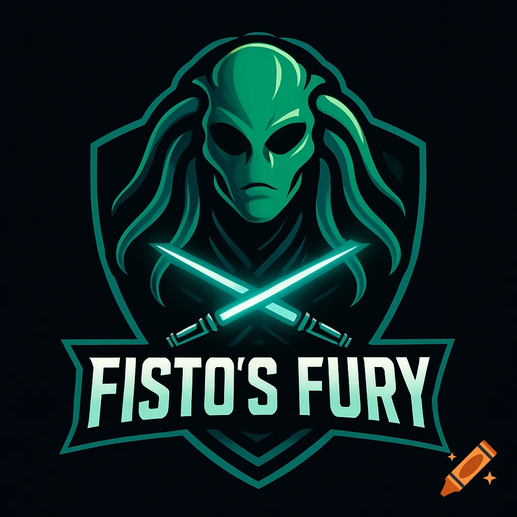 Stylized green alien head logo with tentacles and crossed glowing cyan swords, featuring the text 'Fisto's Fury' below.
