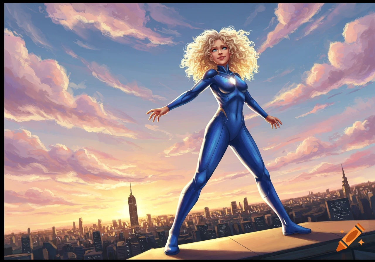 A blonde superhero girl in a blue suit stands on a rooftop overlooking a city skyline at sunset, with pink clouds.