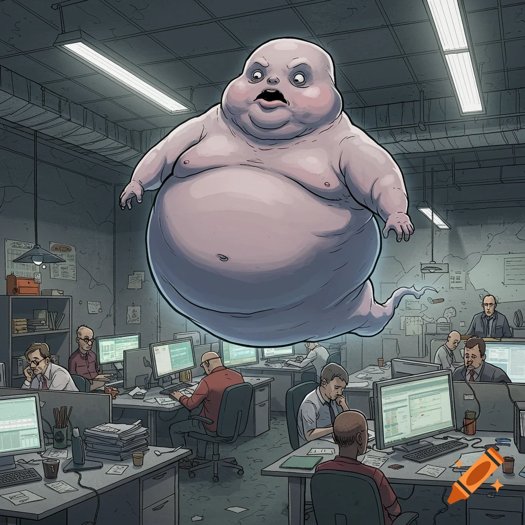 A large, pale, bald ghost floats above bored office workers in a drab office, in a comic art style.