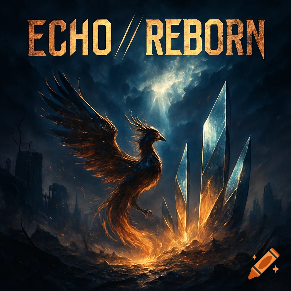 A fiery phoenix rises from an apocalyptic landscape with glowing blue crystals under a dramatic sky. Text: ECHO // REBORN.
