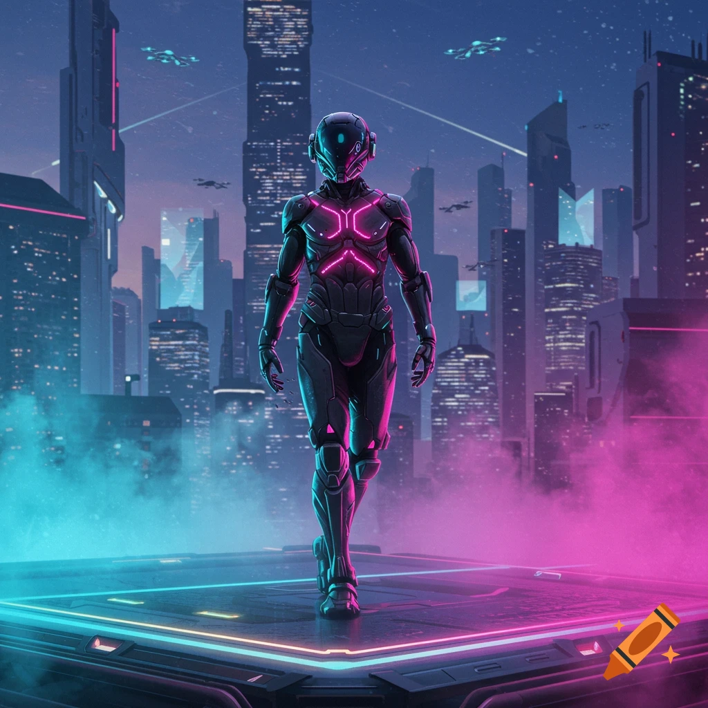 A futuristic robot in dark armor with neon pink glowing accents walks on a glowing platform in a cyberpunk city at night.