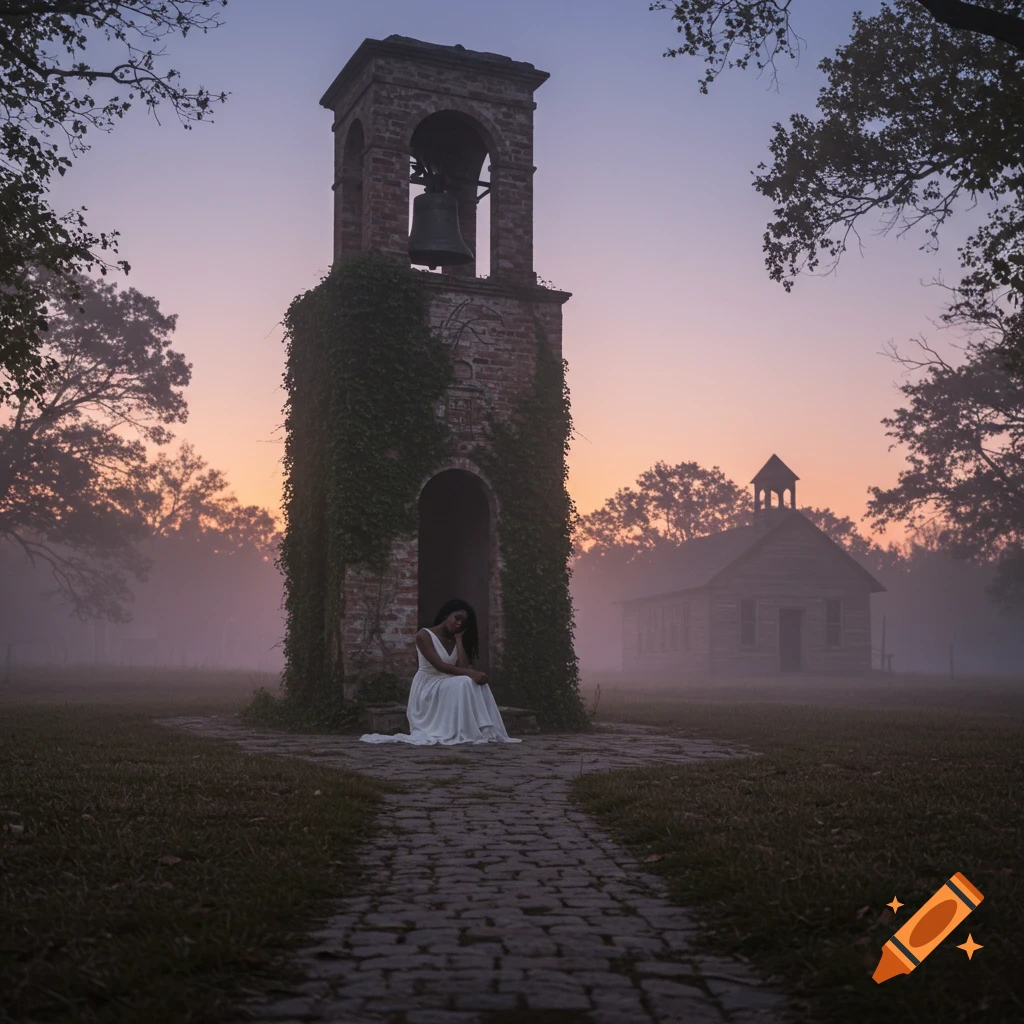 A woman in white sits at the base of an old bell tower, with a wooden schoolhouse in the misty twilight background.