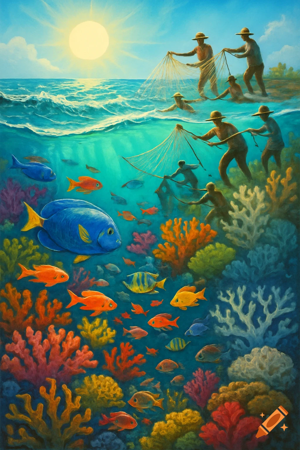 Vibrant painting of fishermen casting nets in a sunny ocean, with colorful coral reefs and tropical fish underwater.