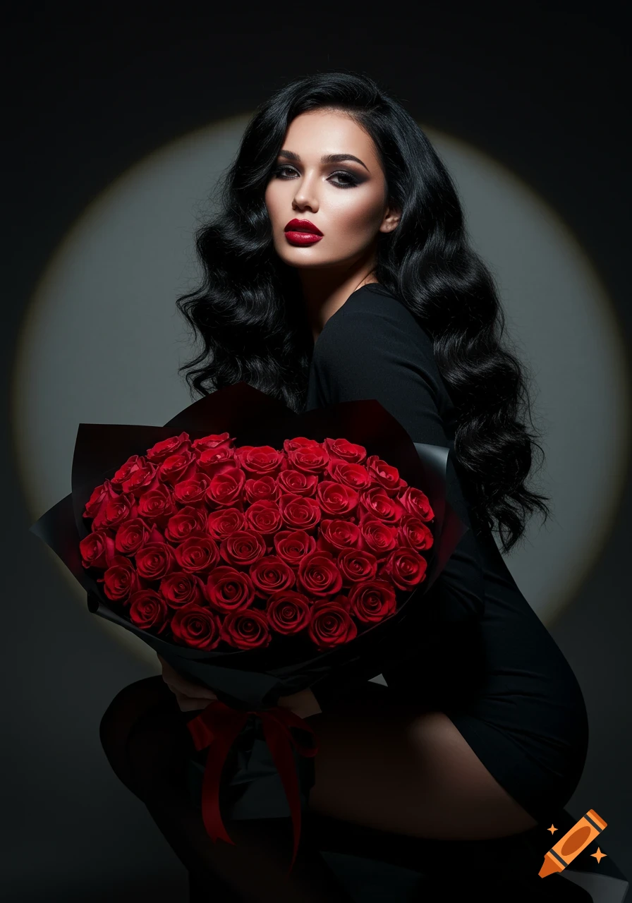 A glamorous woman with dark wavy hair and bold makeup holds a large bouquet of red roses, wrapped in black paper, under a spotlight.