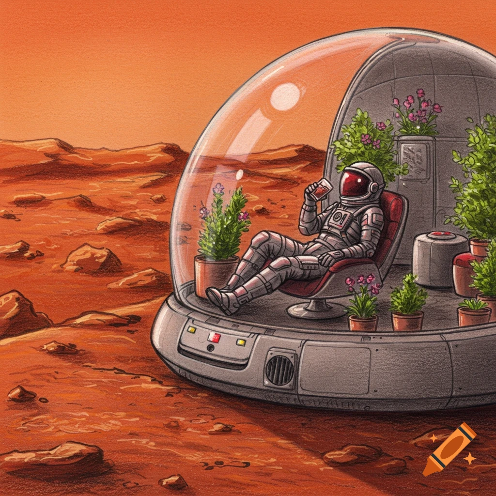 Pencil drawing of an astronaut relaxing in a glass dome habitat with plants on Mars, drinking a beverage.