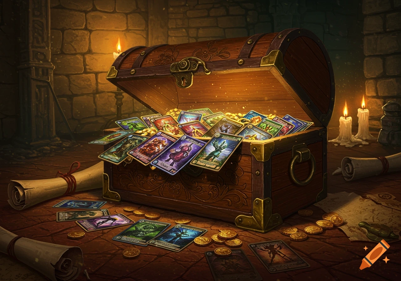 Open wooden treasure chest overflowing with colorful trading cards and gold coins on a stone floor in a fantasy setting.