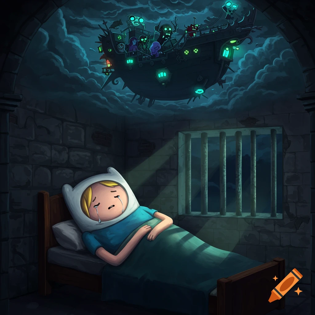 Finn from Adventure Time cries in a dark prison cell bed, an evil airship looms outside the barred window in a cartoon style.