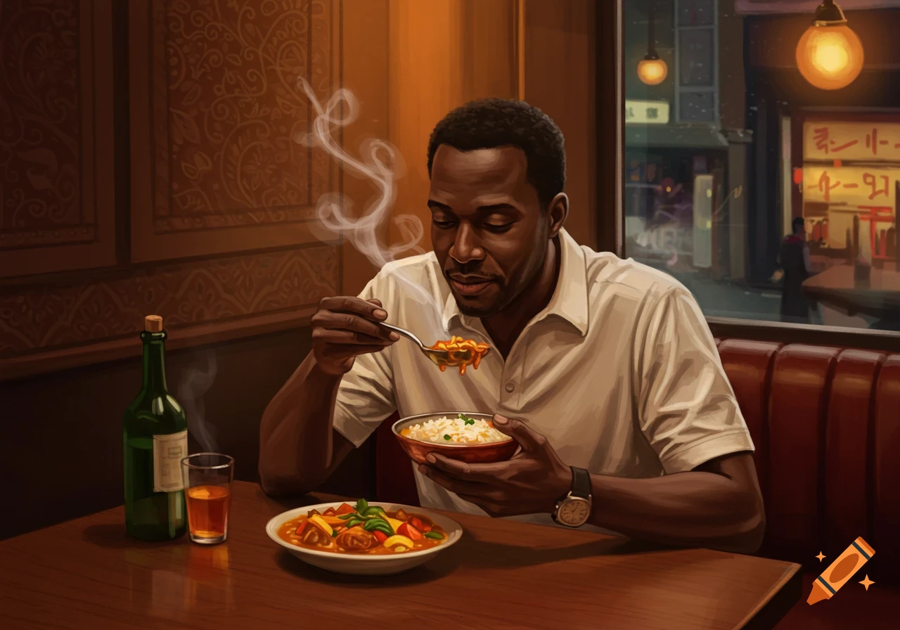 A Black man in a restaurant enjoys a steaming bowl of curry and rice, with a plate of food and a drink on the wooden table.