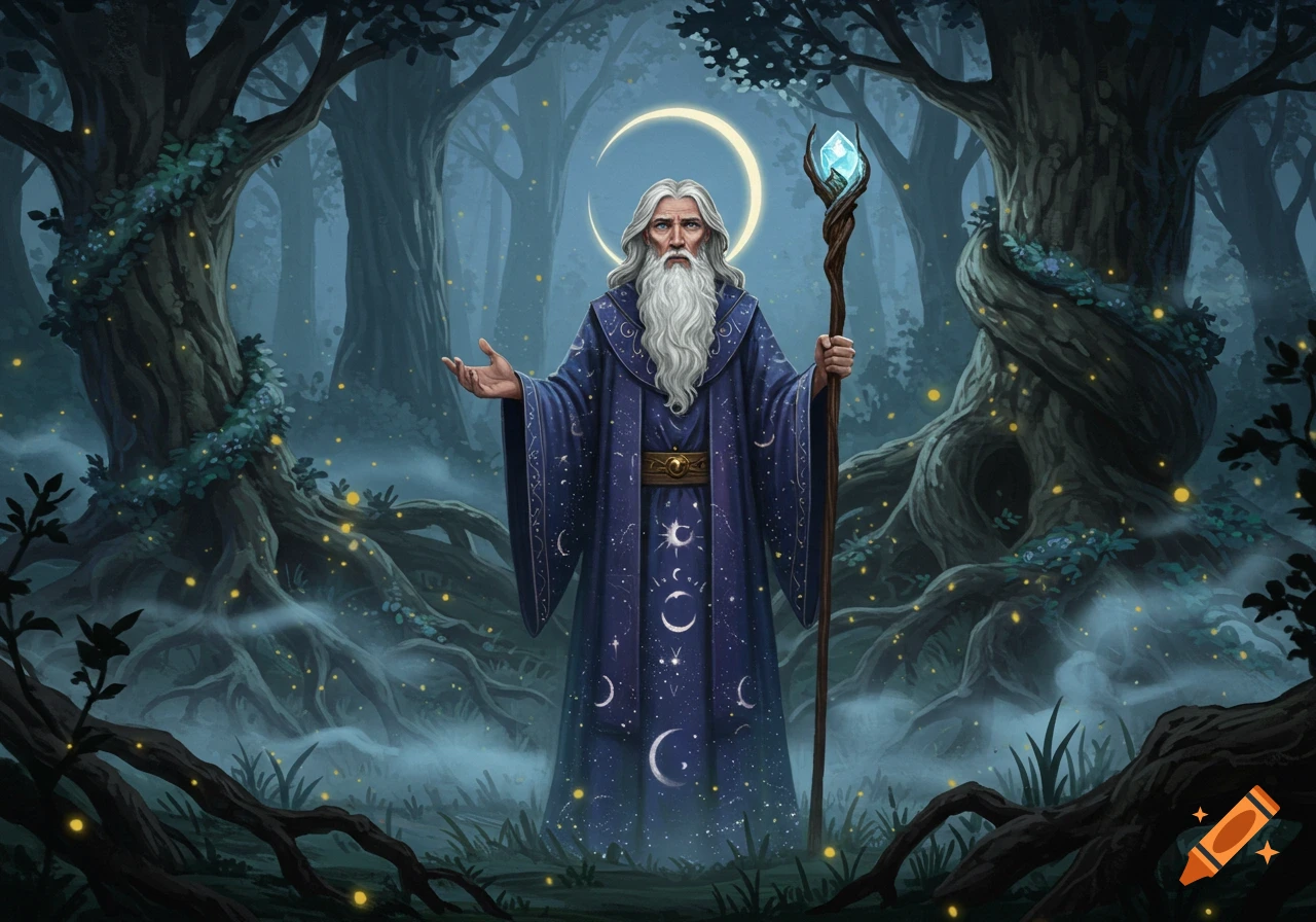 A bearded wizard in a blue robe with moon and star patterns stands in a mystical forest, holding a glowing staff.