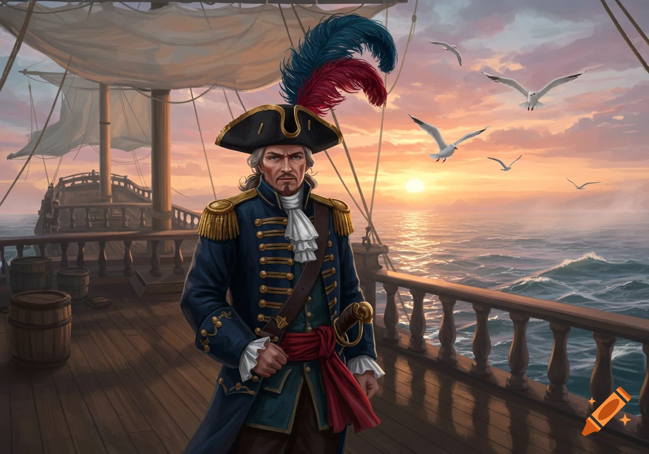 A serious-looking ship captain in a blue and gold uniform and feathered hat stands on a pirate ship deck at sunset.