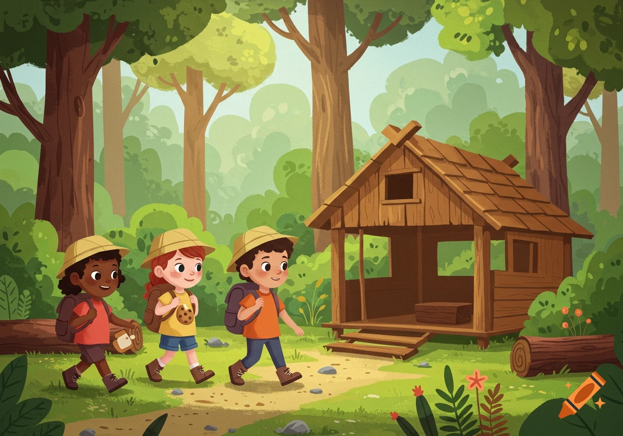 Cartoon illustration of three diverse children hiking through a friendly forest toward a wooden cabin.