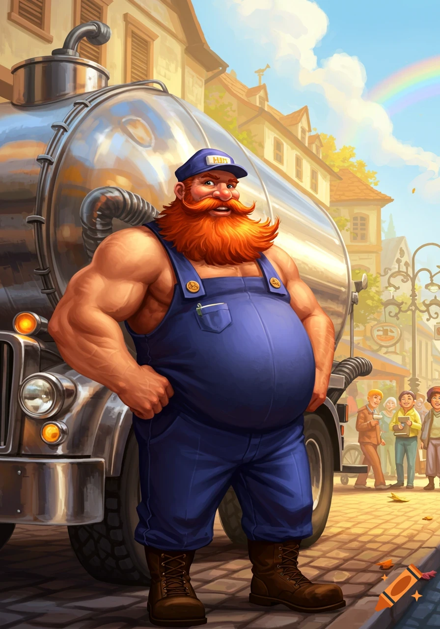 A muscular, red-bearded man in blue overalls and a cap stands proudly next to a shining tanker truck on a village street, in a cartoon illustration style.