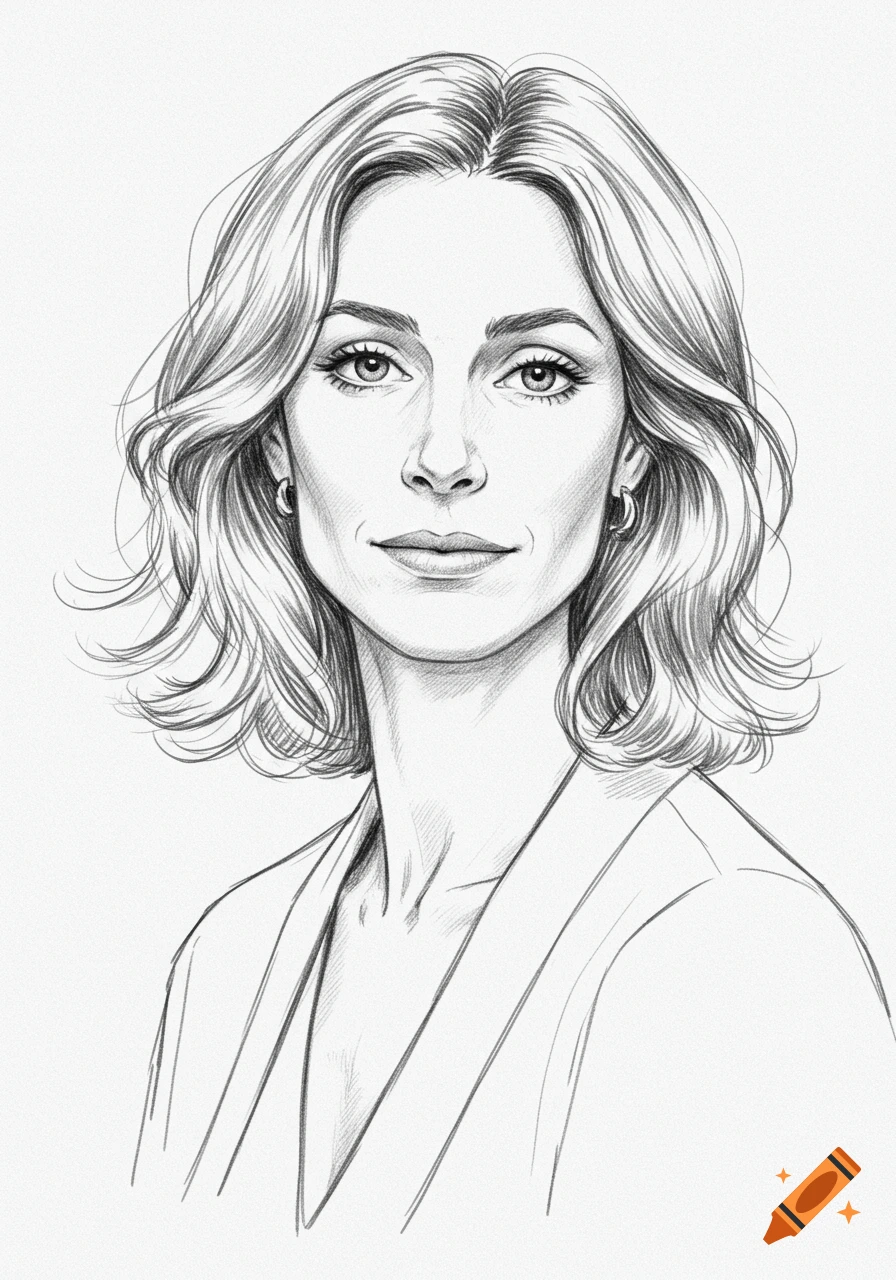 Realistic pencil sketch portrait of an elegant woman with wavy hair, looking directly at the viewer.