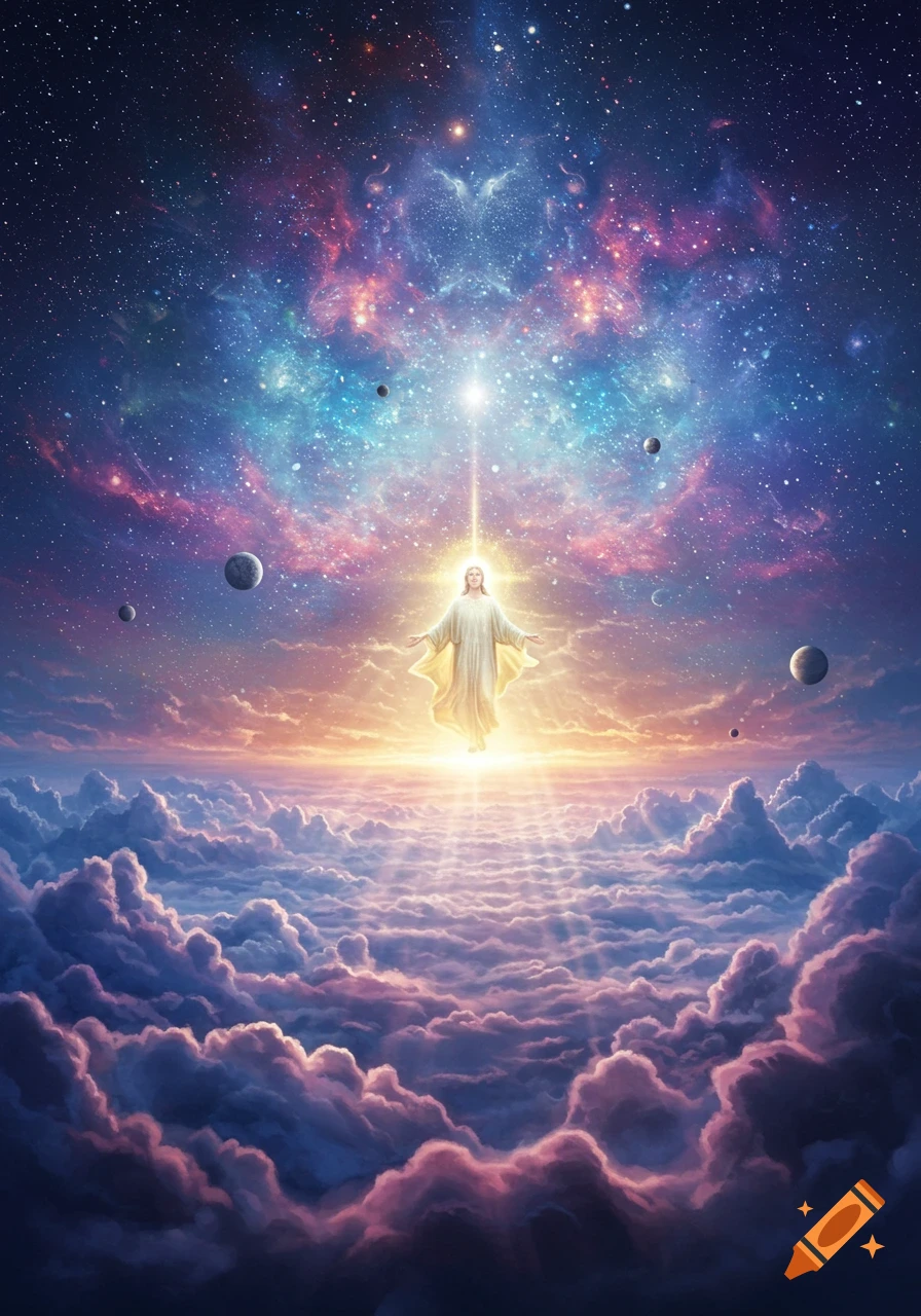 A glowing, ethereal figure floats above clouds, bathed in light, set against a vibrant galaxy with stars and planets.