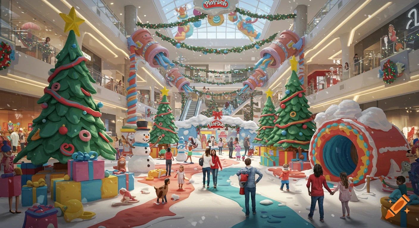 A festive shopping mall transformed into a Play-Doh factory with oversized Christmas trees, snowmen, and children playing among giant Play-Doh sculptures.