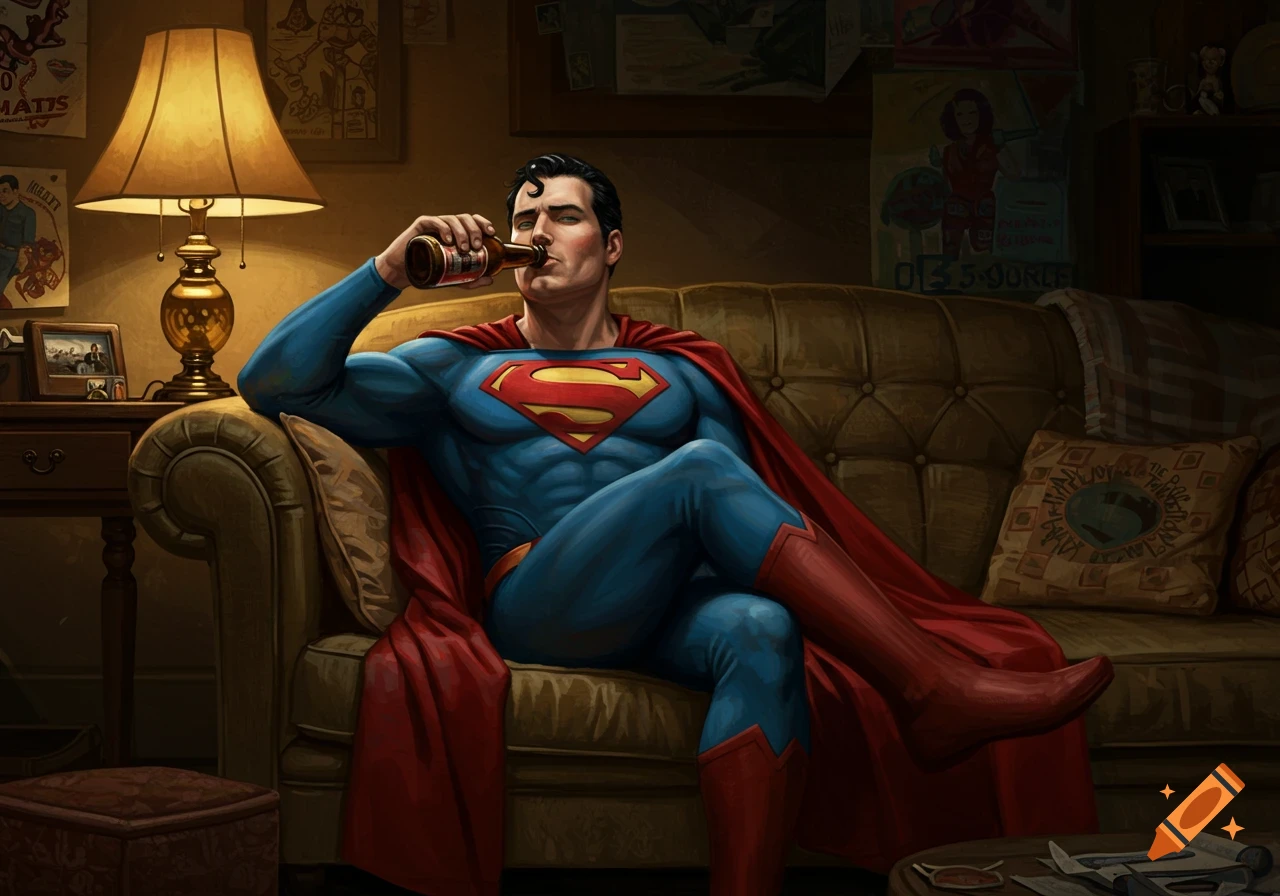 Superman in his iconic suit, relaxing on a brown sofa in a dimly lit room, drinking from a beer bottle. The art style is a detailed, painterly comic book aesthetic.