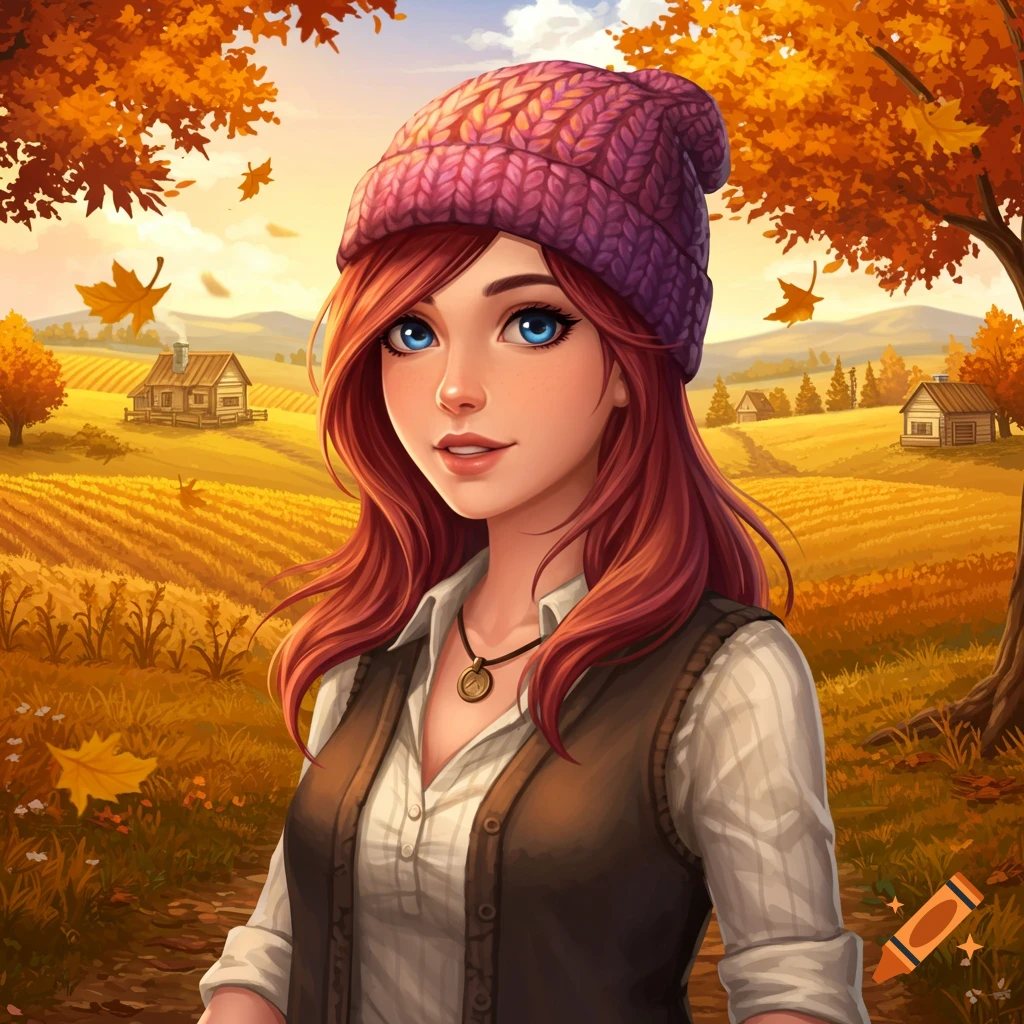 Anime-style portrait of a red-haired woman in a purple beanie and vest, standing in an autumn field with farmhouses.