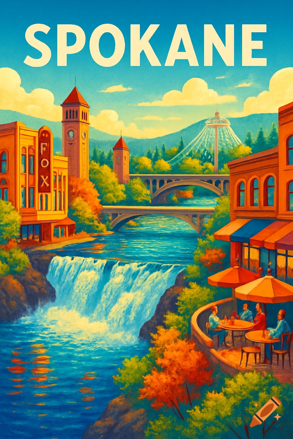 Stylized illustration of Spokane cityscape with river, waterfall, buildings, and bridges, under a blue sky.