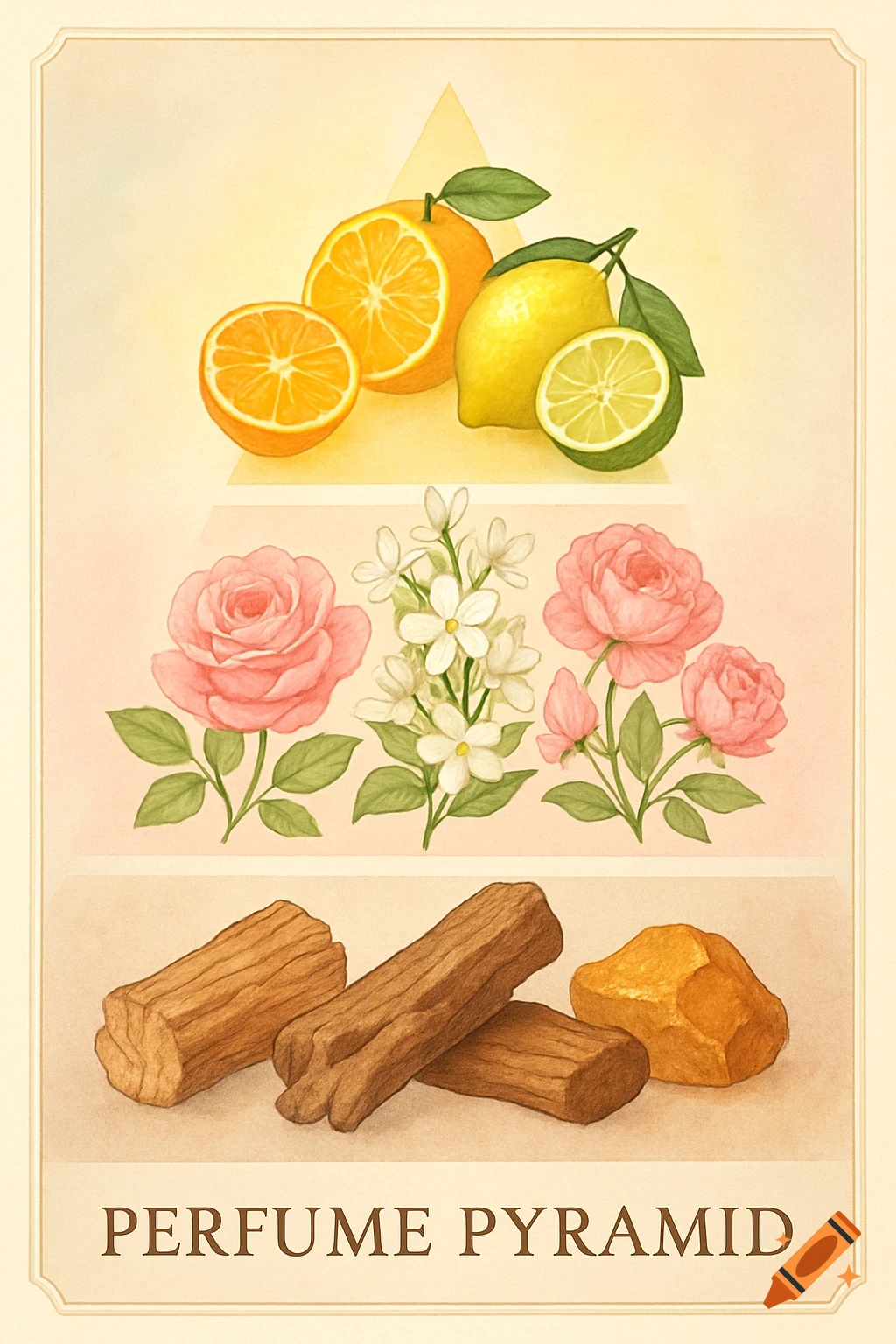 Watercolor infographic of a perfume pyramid: citrus fruits, pink roses, white jasmine, wood logs, and amber resin.