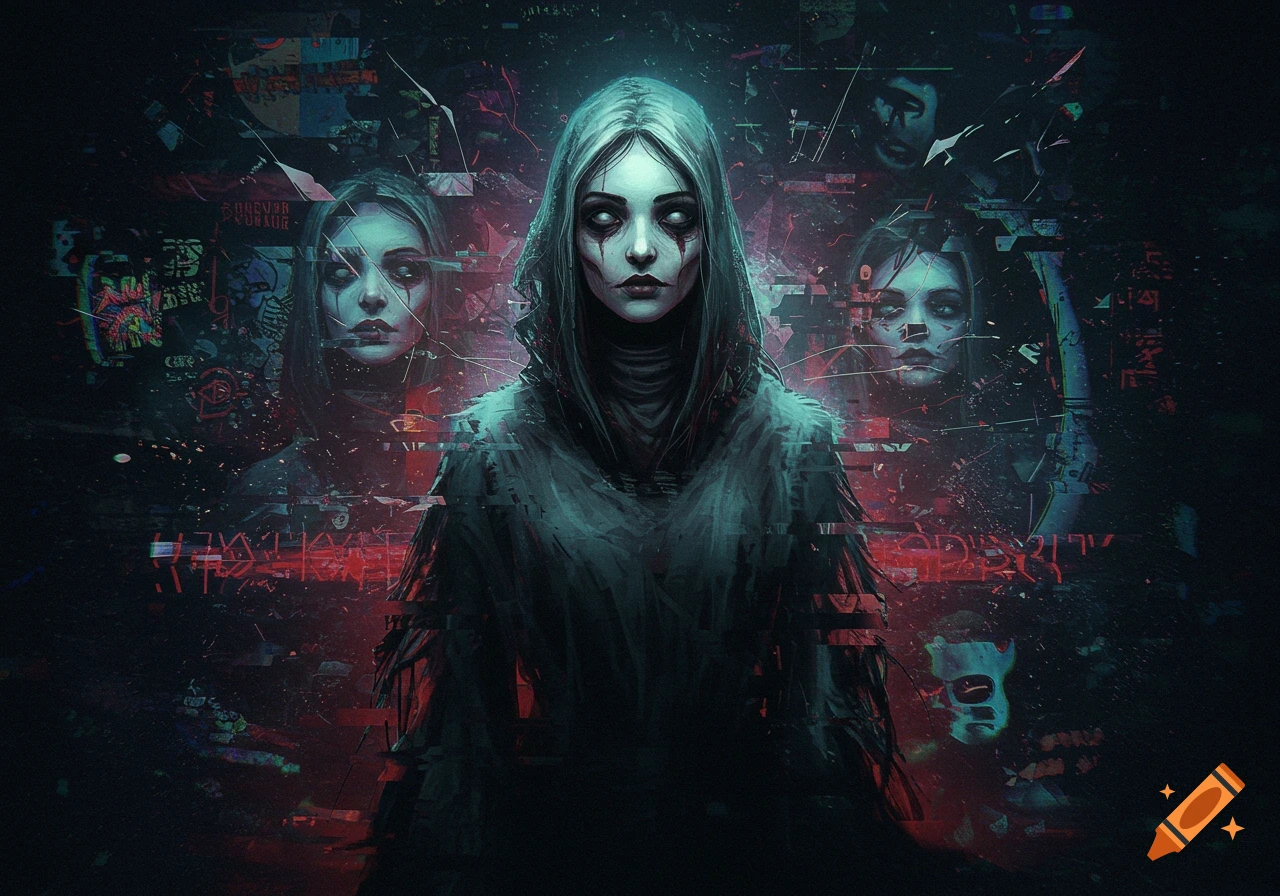 A dark, glitchy digital art portrait of a pale woman with white eyes and blood-like makeup, surrounded by distorted faces and red abstract elements.