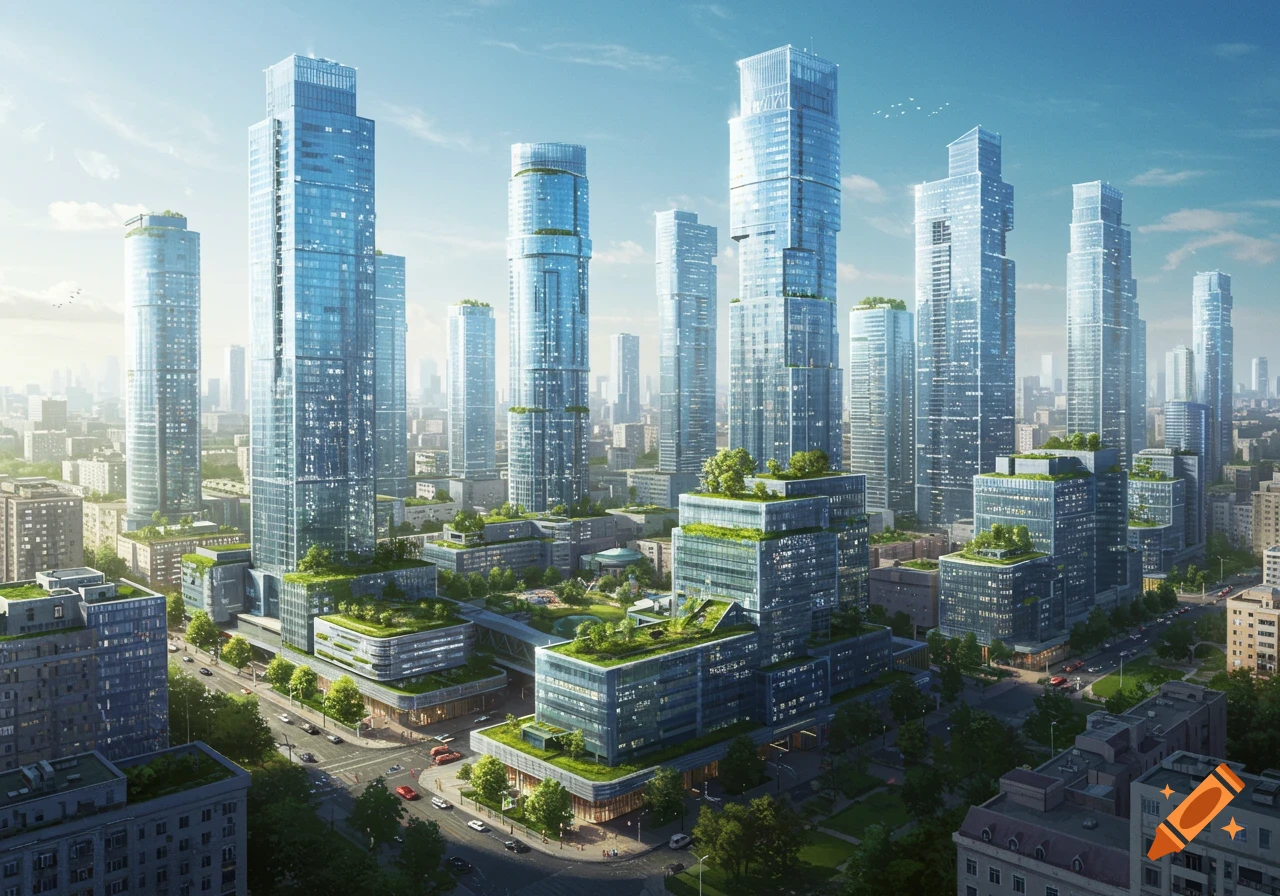A futuristic cityscape with numerous towering glass skyscrapers and green rooftop gardens under a bright, sunny sky.