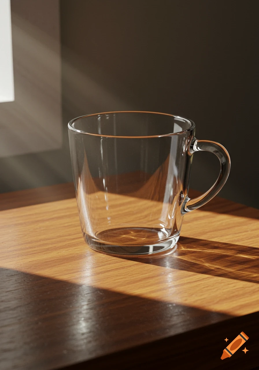 A clear glass mug sits on a polished wooden table, illuminated by sunlight casting patterns.