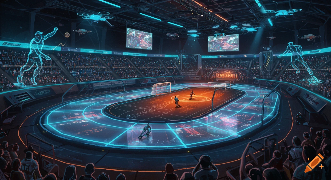 A futuristic sports arena with glowing blue lines, two players on a central orange court playing 'Scootball,' and holographic figures. Drones fly above a crowd watching from stands.