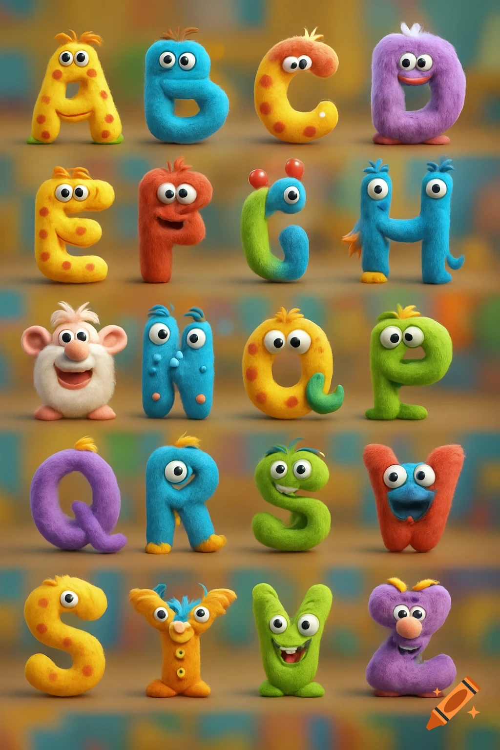 A colorful grid of fluffy, cartoon alphabet letters A through Z, each with a unique character design and expression.