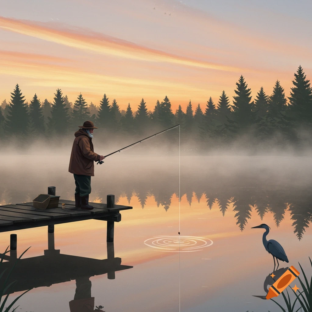 Old man fishing from a dock on a misty lake at sunrise, evergreen trees in background, a heron in the water. Illustrative.