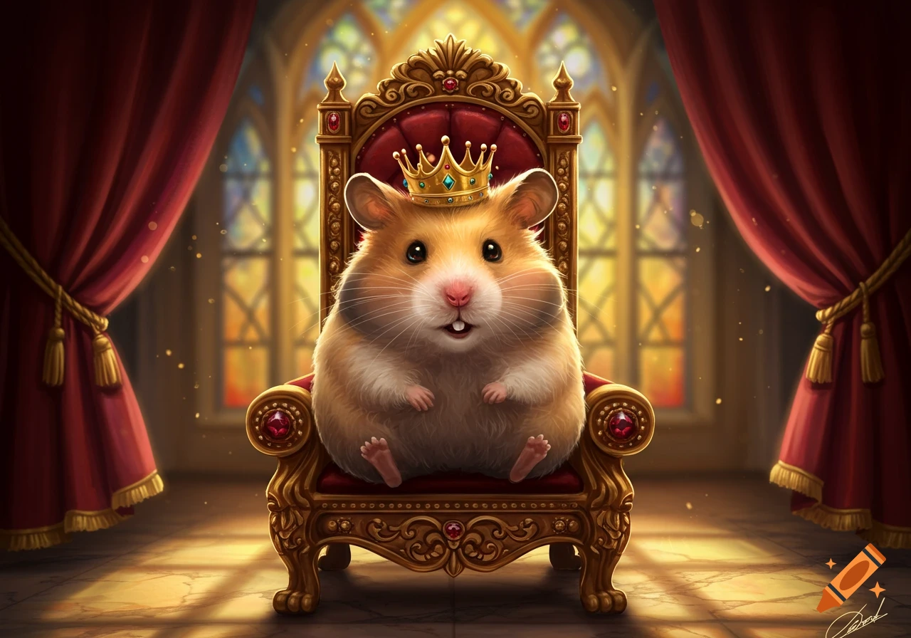 A fluffy hamster wearing a golden crown sits on an ornate red and gold throne in a grand hall, detailed illustration.